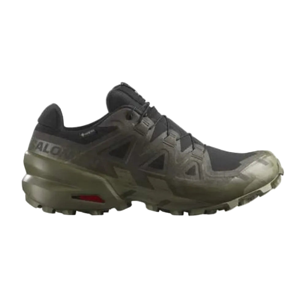 Salomon Speedcross 6 GTX men's trail running shoe in black with olive green sole