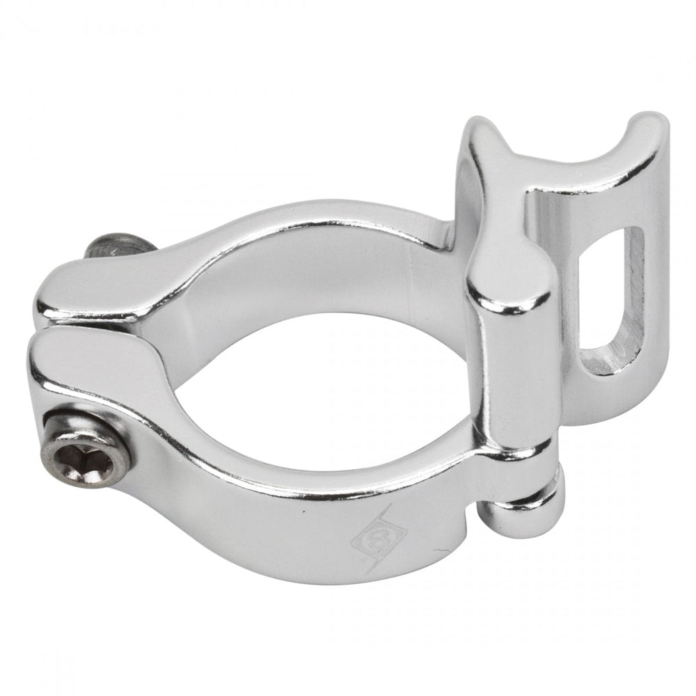 Origin8 braze-on front derailleur clamp adapter in polished silver aluminum, 28.6mm