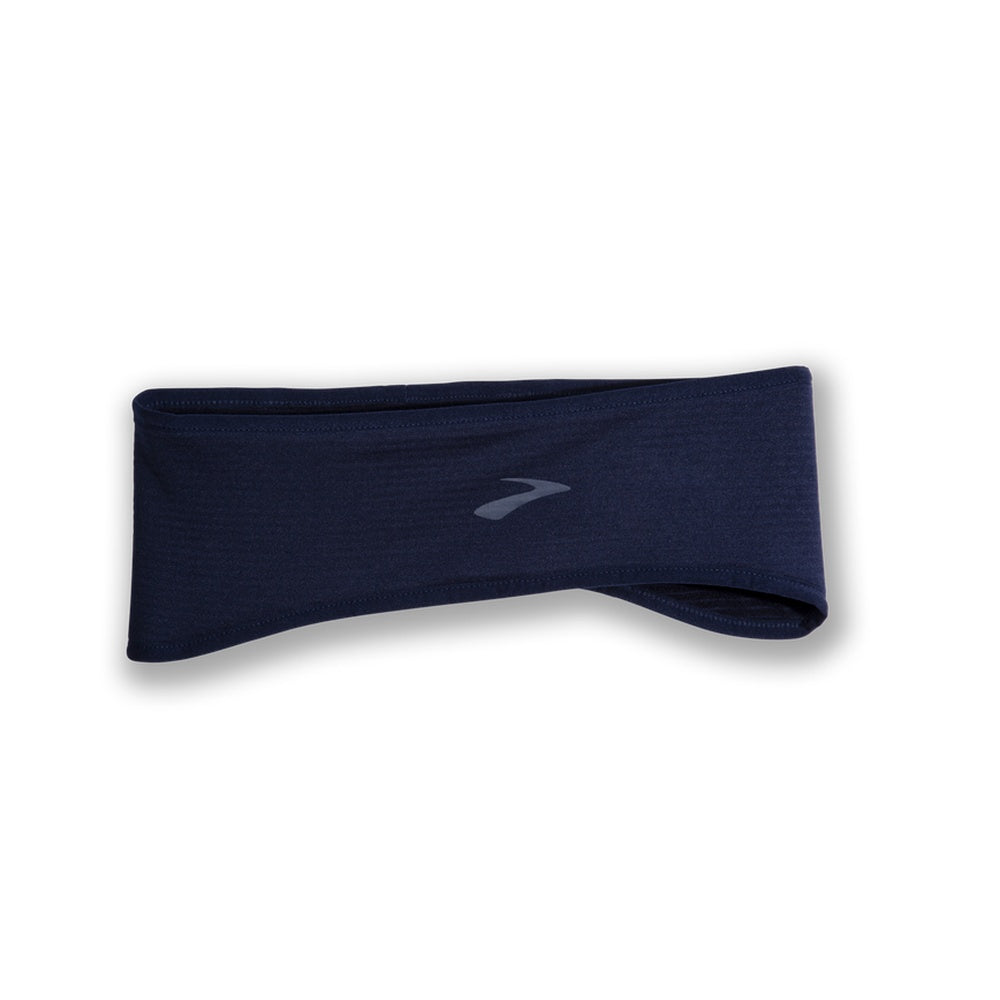 Brooks Notch Thermal Headband in navy blue with subtle Brooks logo on white background