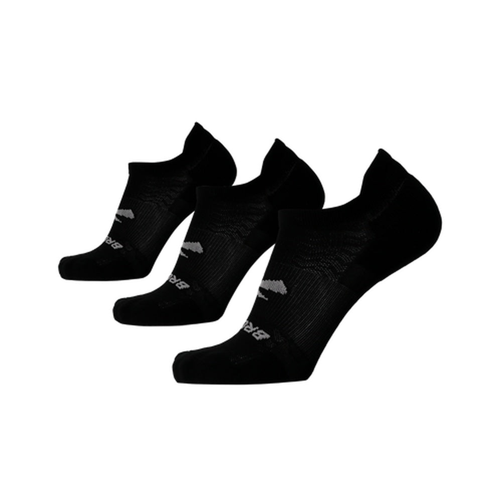 Three black Brooks no-show running socks arranged on white background