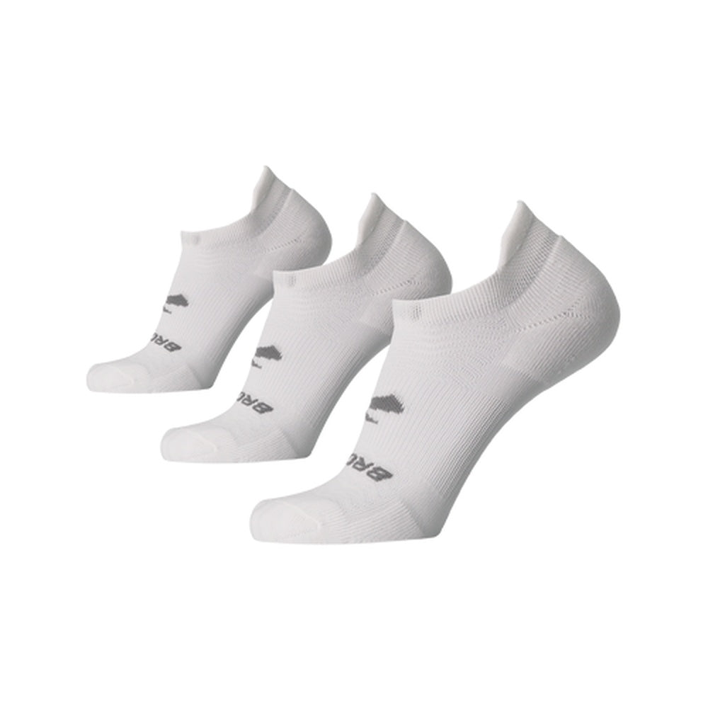 Brooks Run-In Three Pack white no-show socks displayed in a fanned arrangement