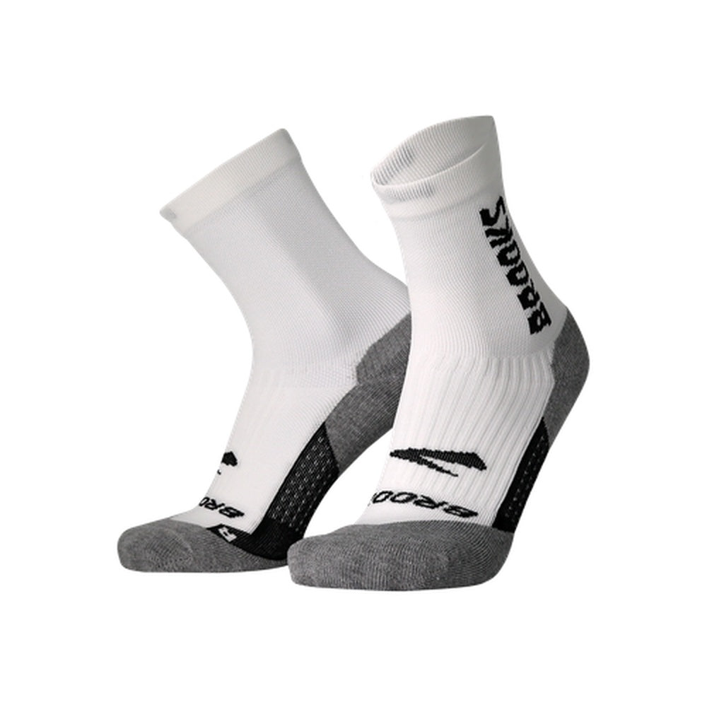Brooks Ghost midweight crew socks in white with gray heel and toe reinforcement