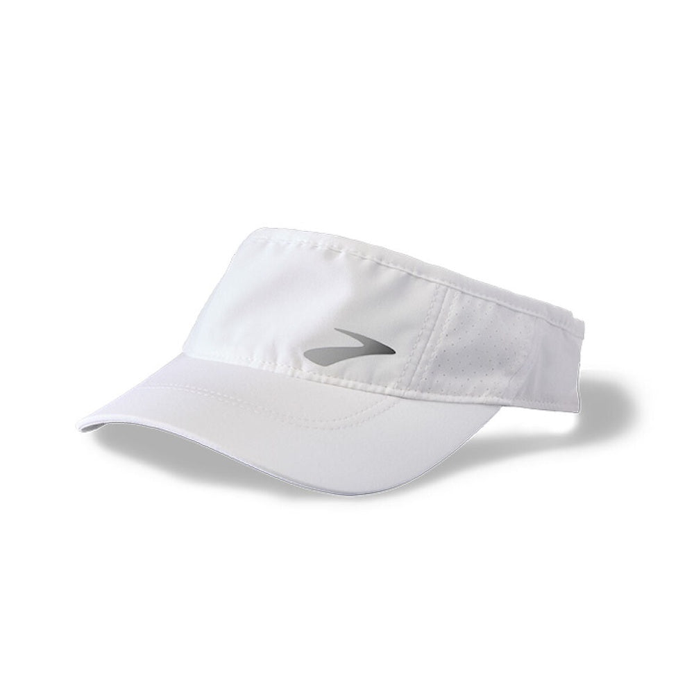 Brooks Running Visor in white with silver reflective logo, professional studio shot