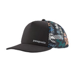 Patagonia trucker hat with black front and colorful geometric mesh back panel