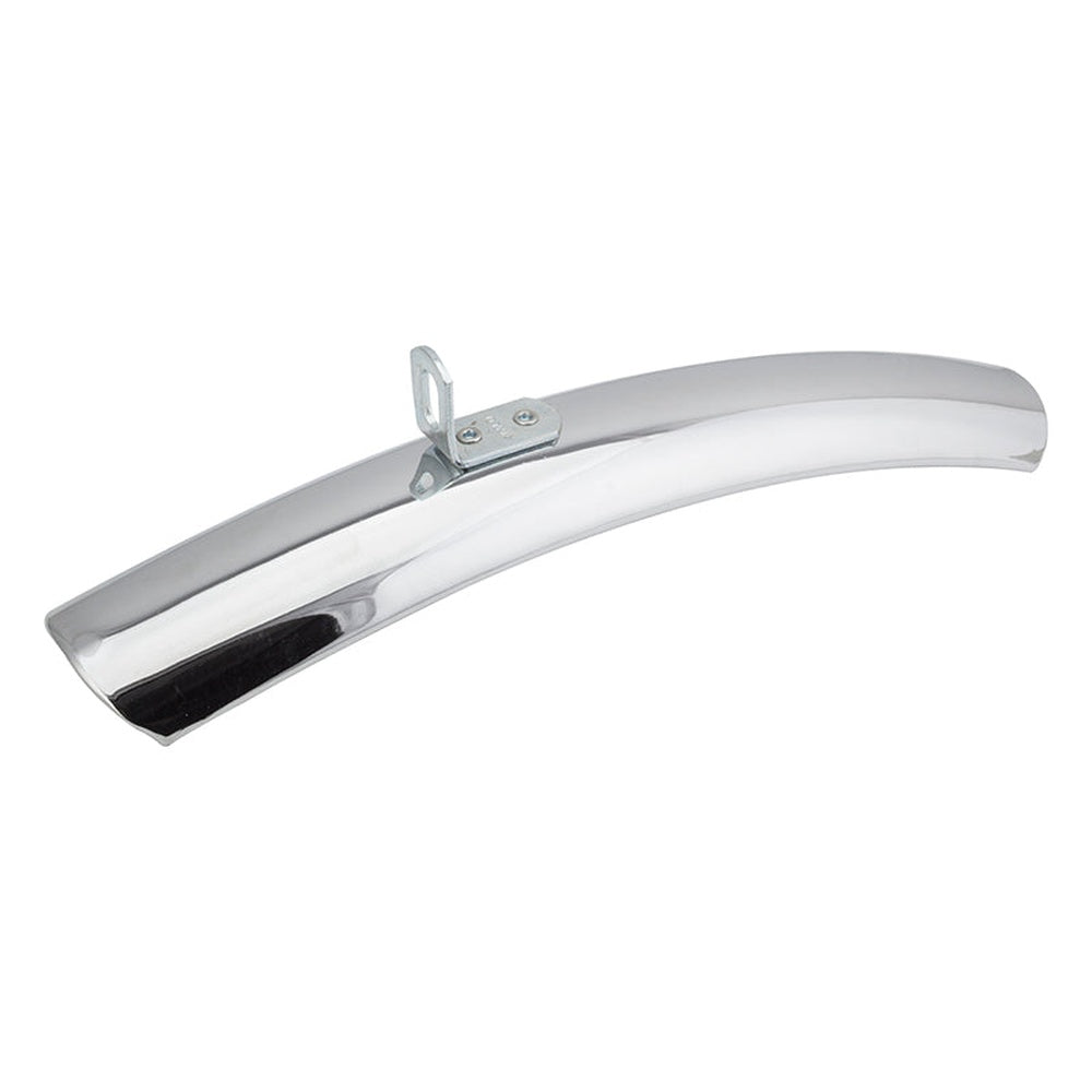 Wald #90 chrome metal bicycle fender splash guard with mounting bracket on white background
