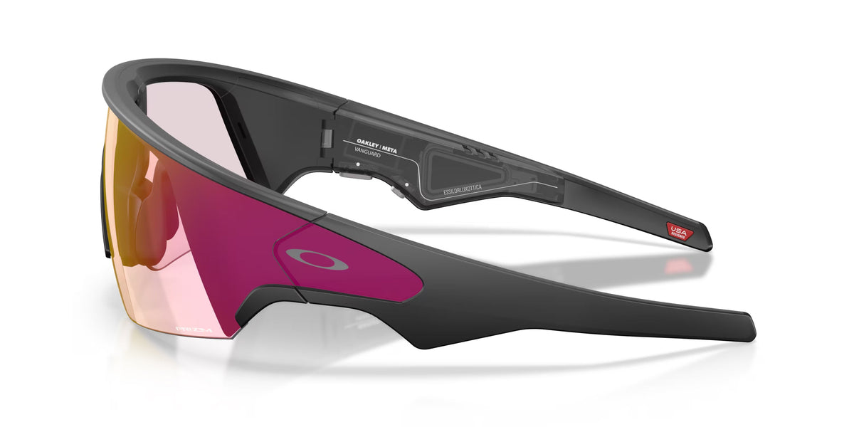 Oakley Meta Vanguard sunglasses with matte black frame and pink Prizm lens, side view