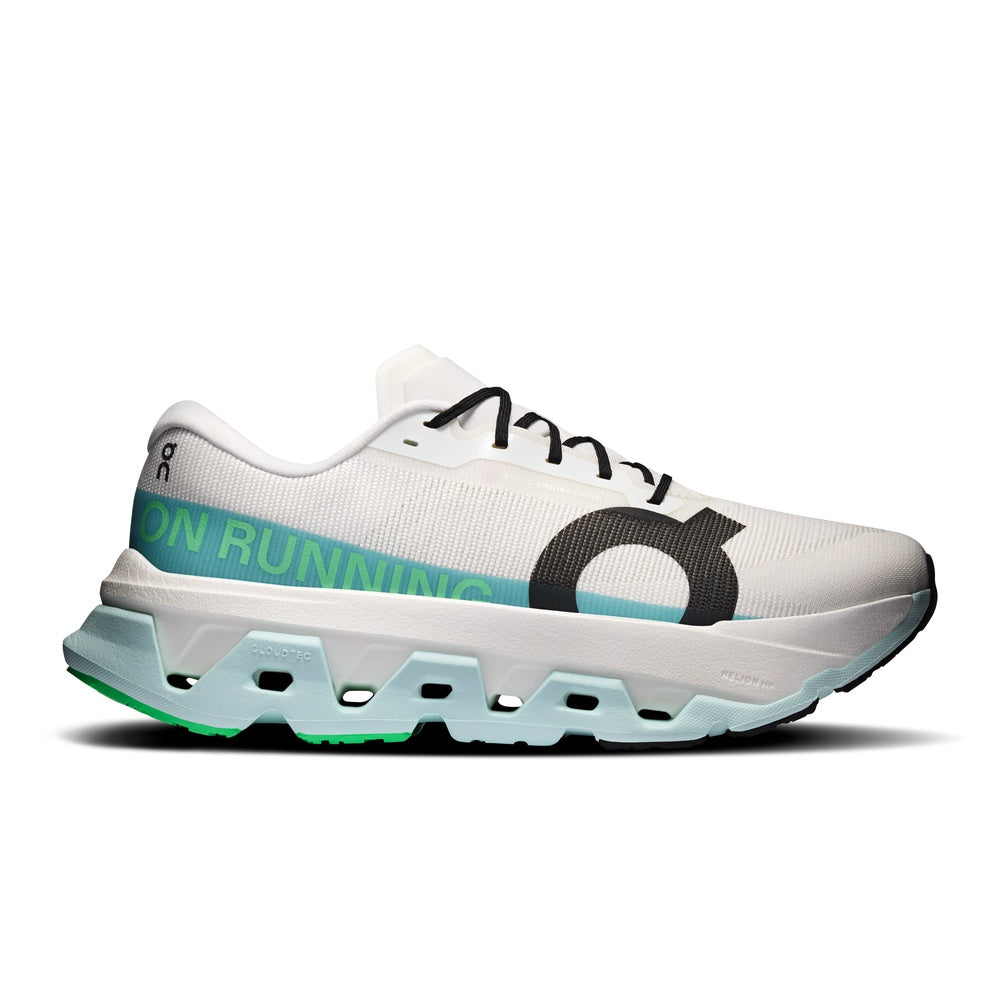 On Running Cloudmonster 3 Hyper running shoe in Ivory and Flurry colorway, lateral view