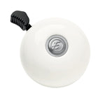 White Electra bicycle bell with silver center button and black striker mechanism