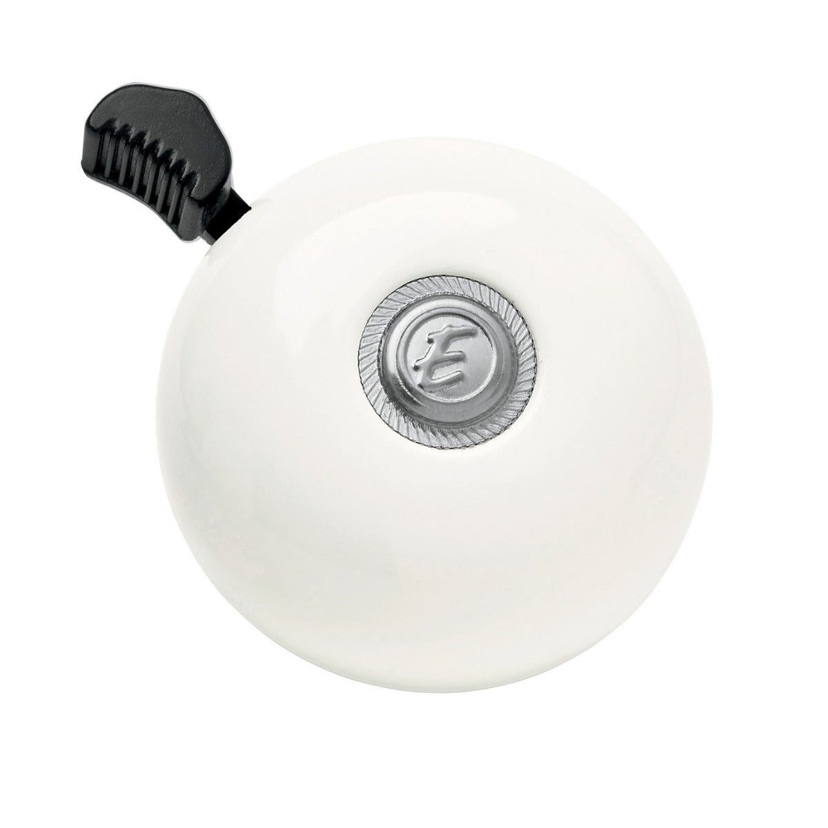 White Electra bicycle bell with silver center button and black striker mechanism