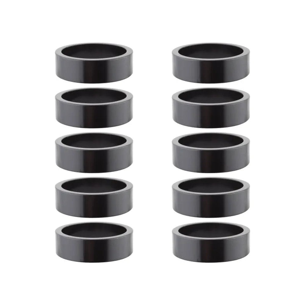 Set of 10 black aluminum 10mm 1-1/8 inch headset spacers arranged in two columns
