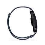 Garmin CIRQA smartwatch side view with navy blue elastic band on white background
