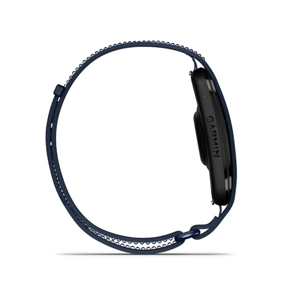 Garmin CIRQA smartwatch side view with navy blue elastic band on white background