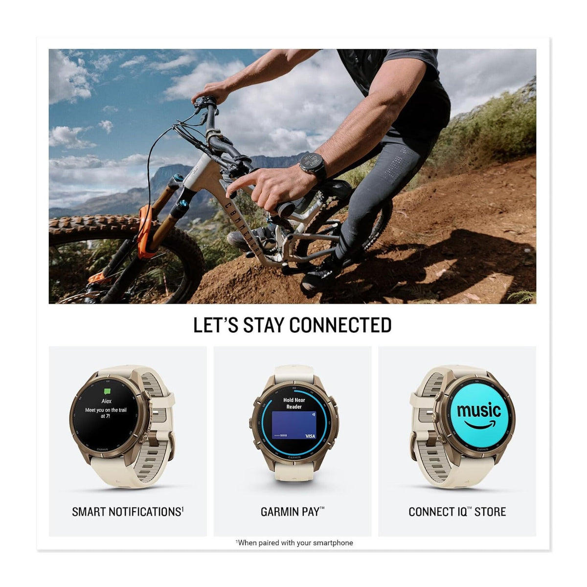 Garmin Fenix 9 Pro smartwatch connectivity features showing smart notifications, Garmin Pay, and Connect IQ store