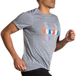 Man running wearing Brooks Distance Short Sleeve 2.0 in HTR Ash Run USA colorway