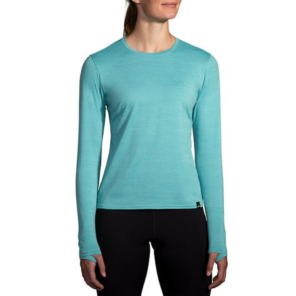 Brooks Luxe Long Sleeve women's running shirt in heathered aqua blue color