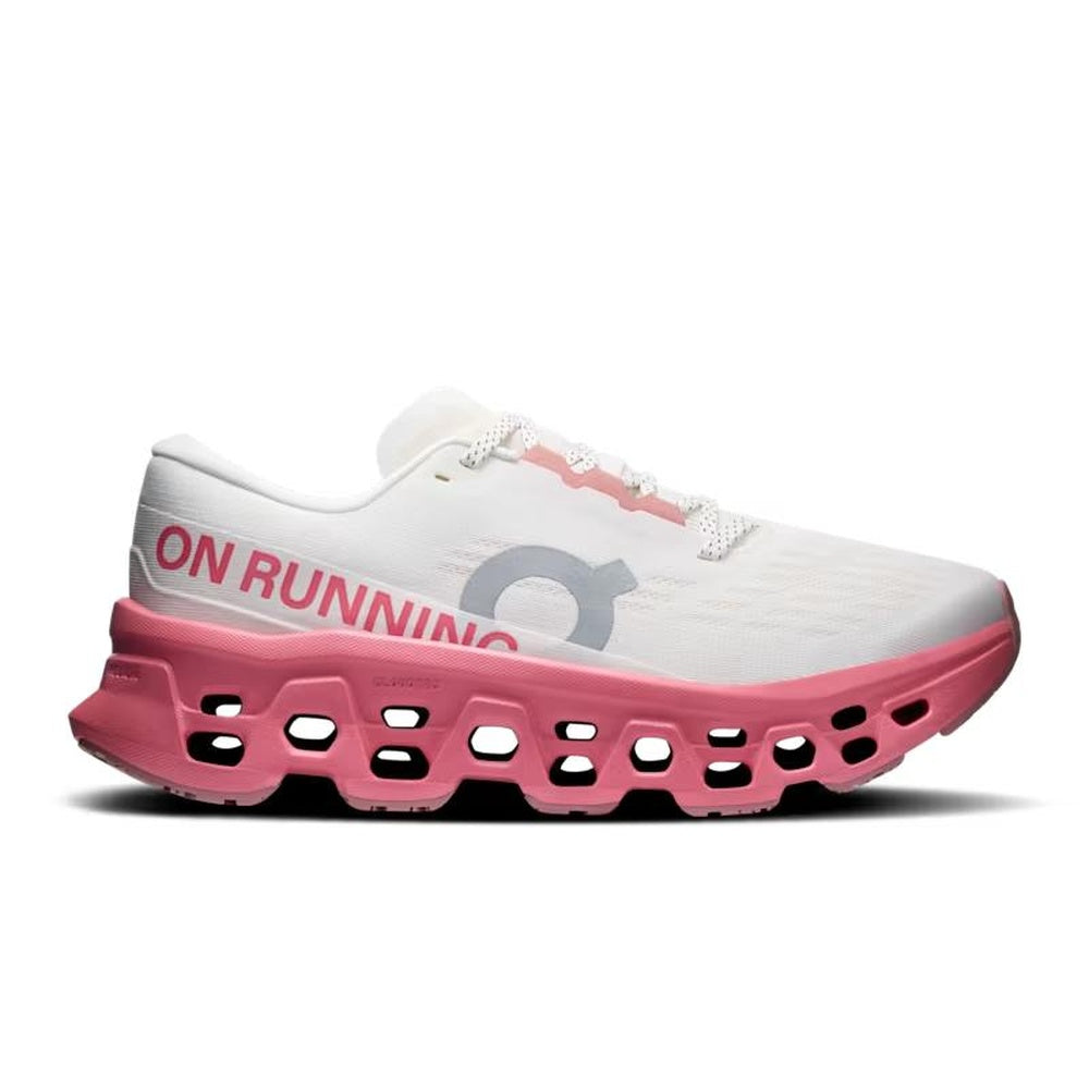 On Cloudmonster 3 running shoe in ivory and camellia pink colorway, lateral view