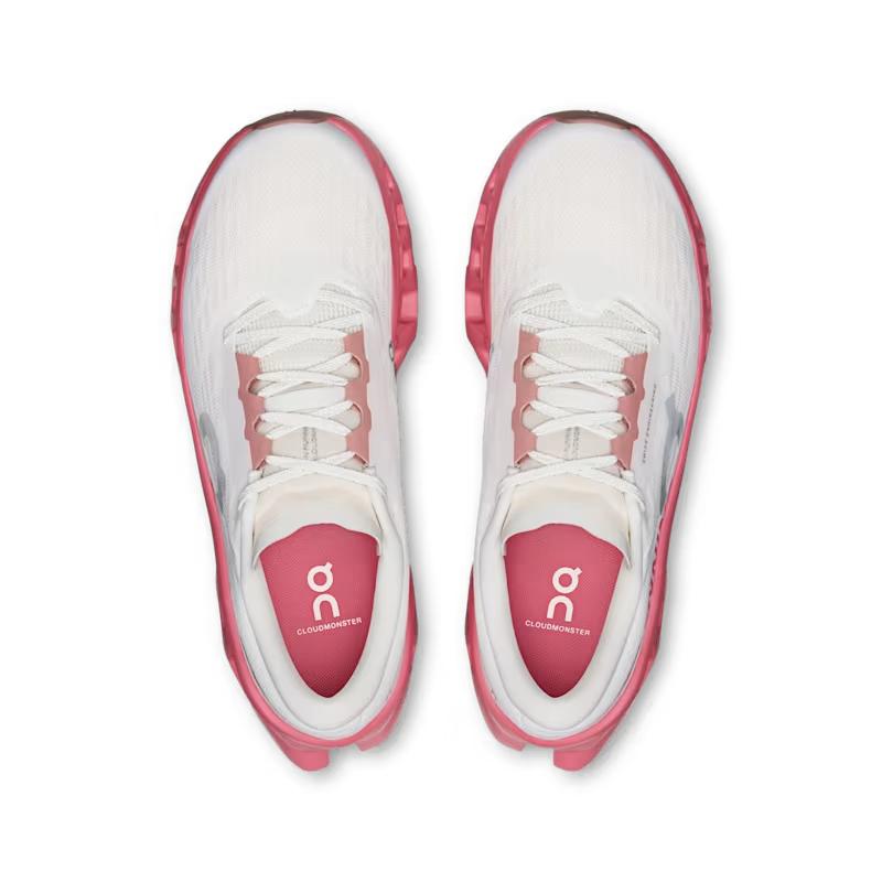 On Cloudmonster 3 running shoes in ivory and camellia pink, top-down view