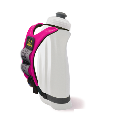 Amphipod Hydraform Ergo handheld water bottle with pink strap and clear bottle