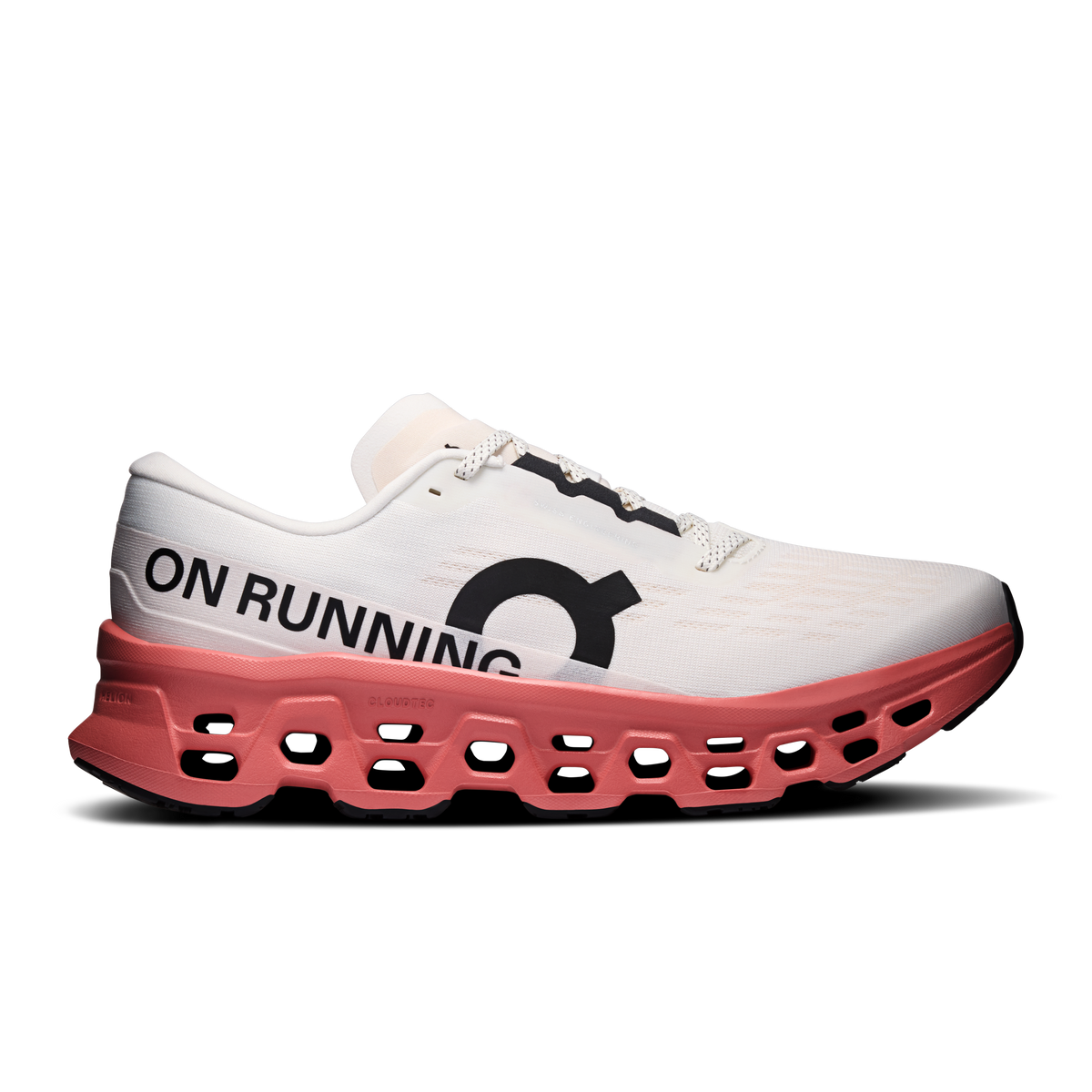On Cloudmonster 3 running shoe in ivory and dustrose, lateral side view