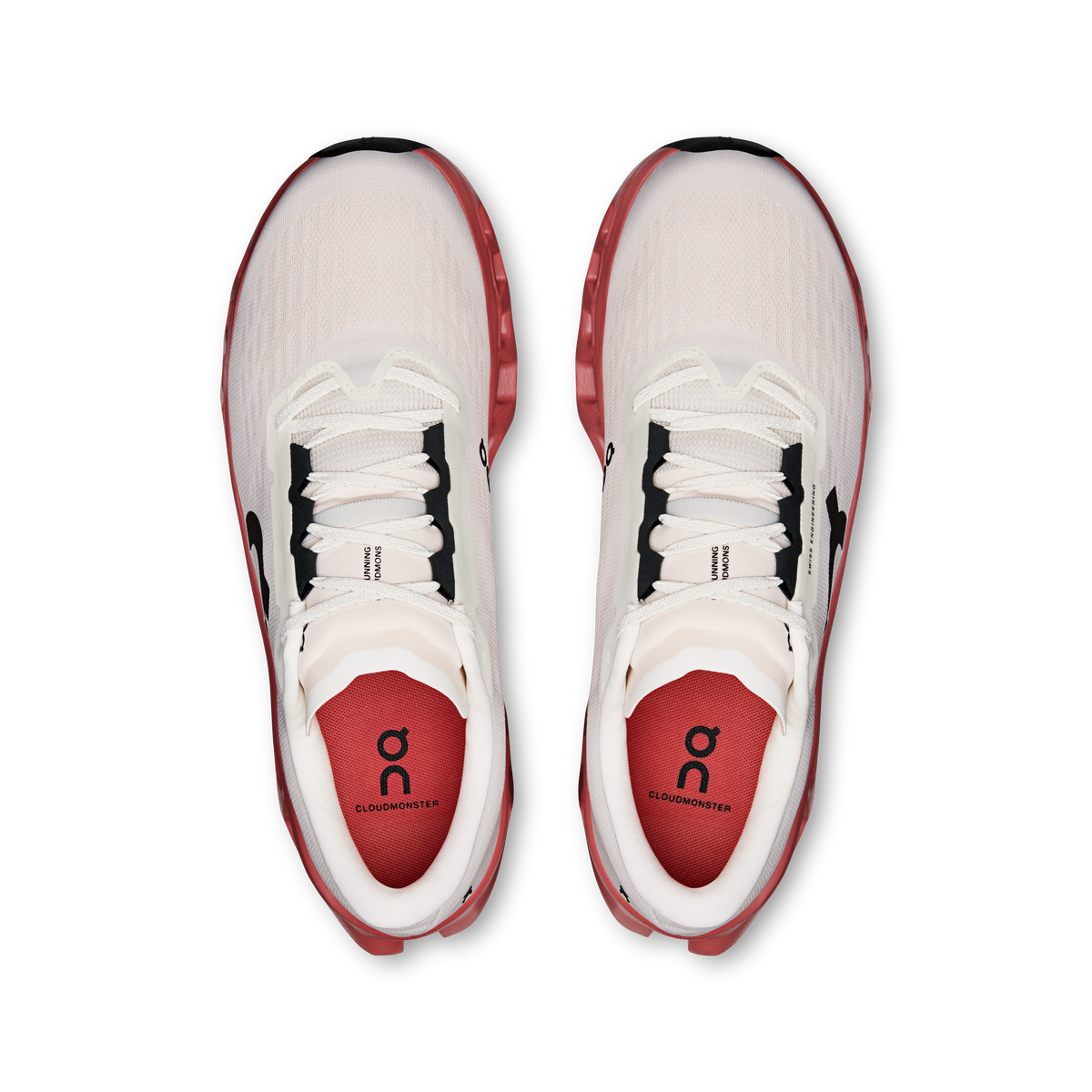 On Cloudmonster 3 running shoes pair shown from top-down view, ivory and dustrose