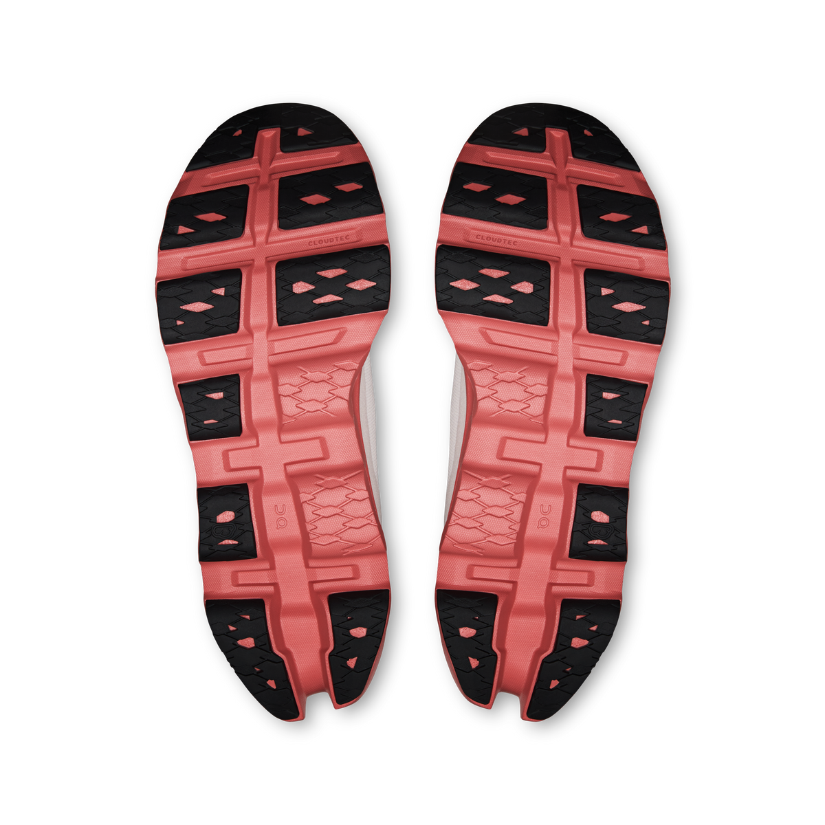 On Cloudmonster 3 outsole view showing dustrose CloudTec pattern and black rubber grip