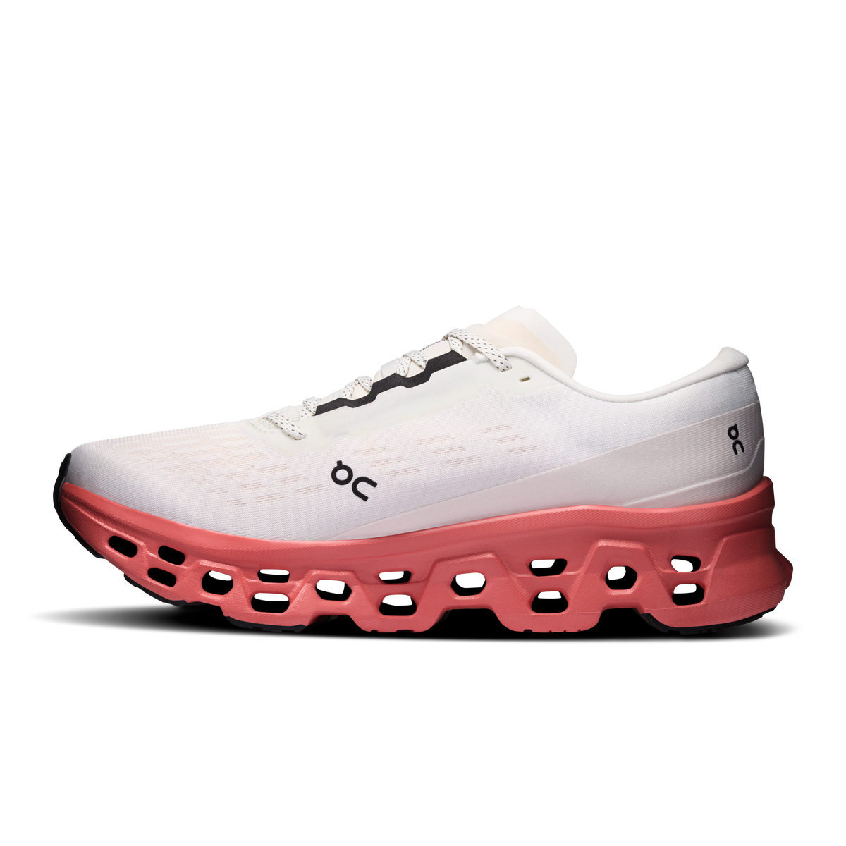 On Cloudmonster 3 running shoe medial side view in ivory and dustrose colorway
