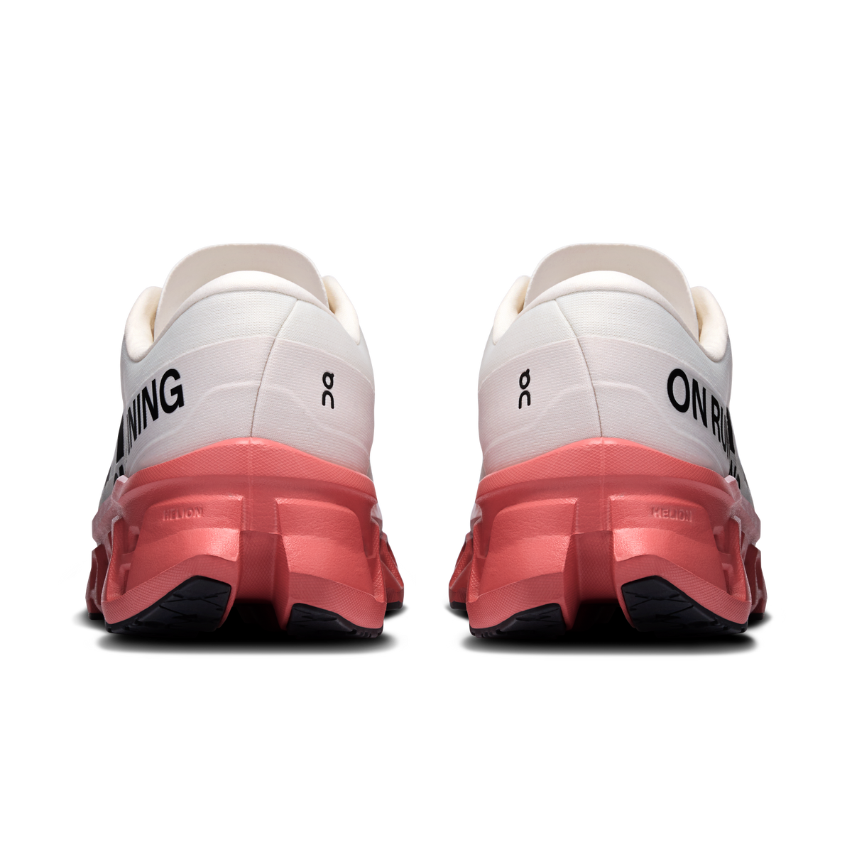 On Cloudmonster 3 running shoes rear view showing ivory upper and dustrose heel and midsole