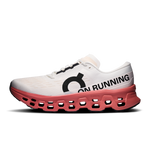 On Cloudmonster 3 running shoe lateral view with ON RUNNING branding in ivory and dustrose