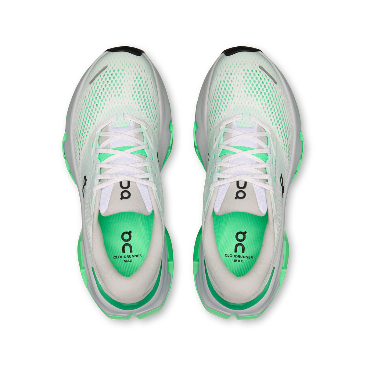 On Cloudrunner Max pair of running shoes top-down view showing white and verdite colorway