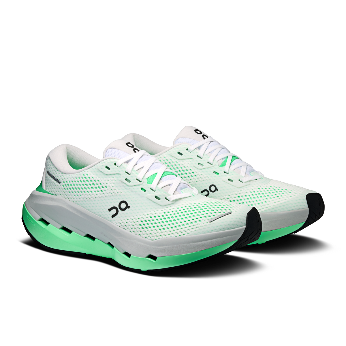 On Cloudrunner 3 Max pair of running shoes three-quarter front view in white and verdite