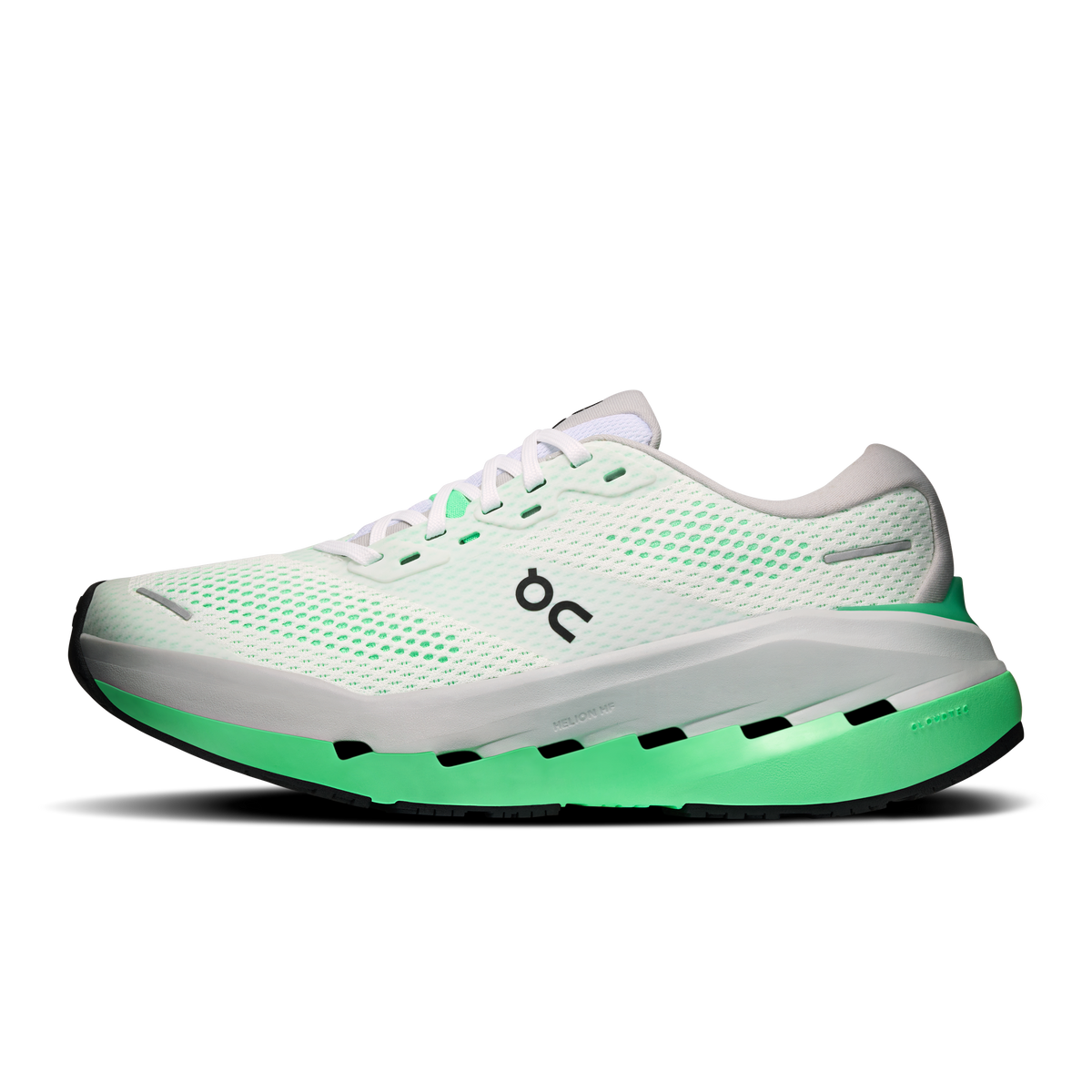 On Cloudrunner 3 Max running shoe lateral view in white mesh with verdite green midsole