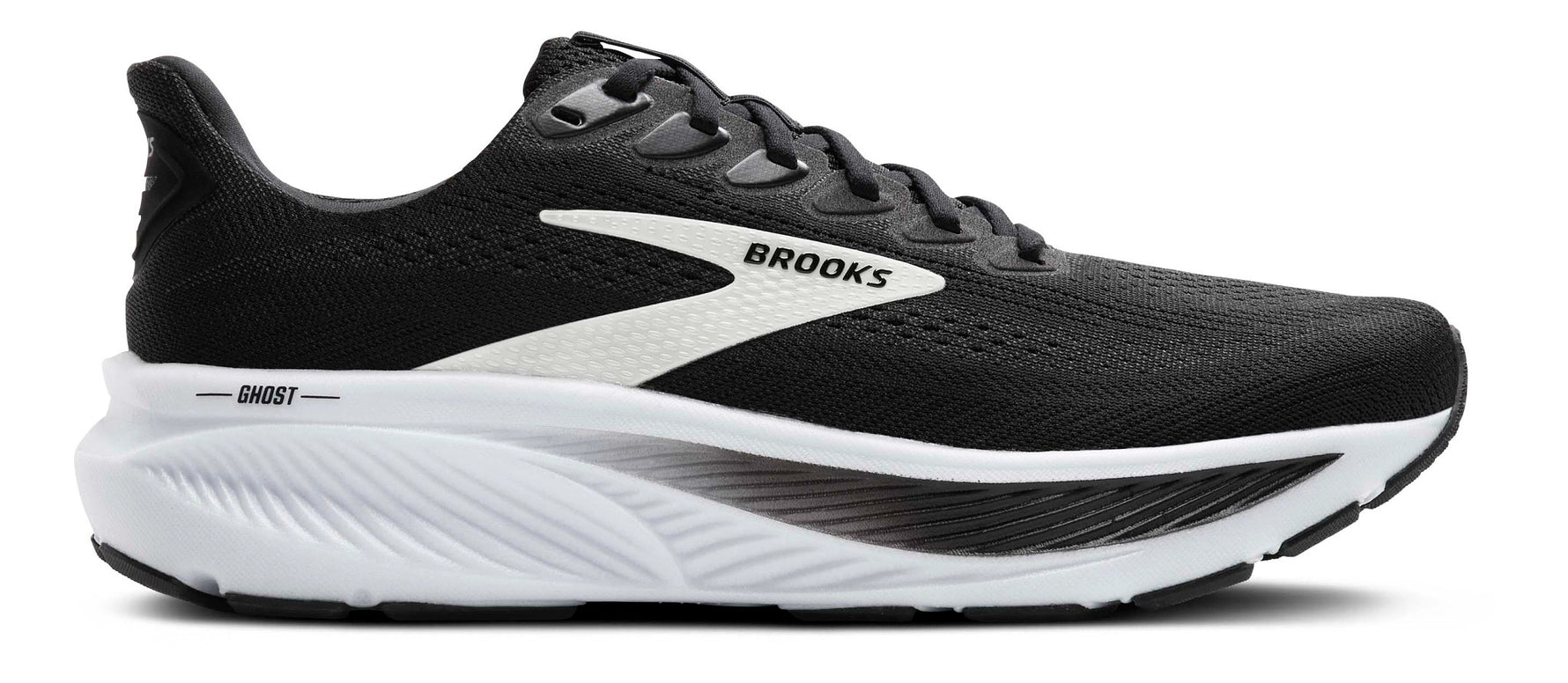 Brooks Ghost 17 men's running shoe in black with white Brooks logo and white midsole