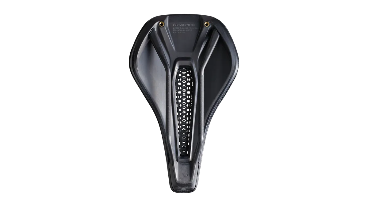 Specialized S-Works Power Evo Mirror saddle bottom view showing carbon shell, Body Geometry label, and rail mounts