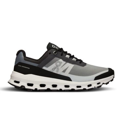 On Cloudvista running shoe in gray, black and white colorway with distinctive sole