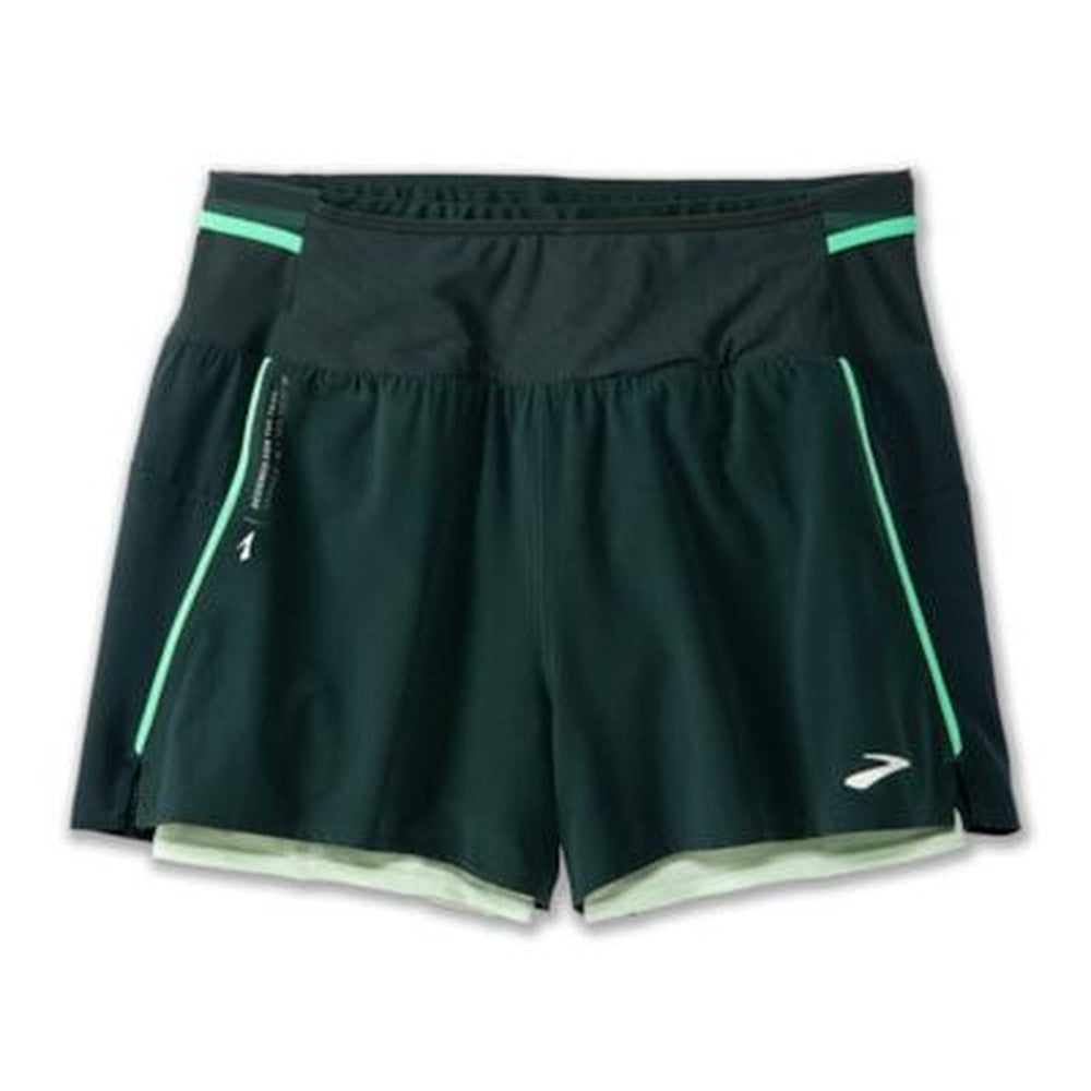 Brooks High Point 3-inch 2-in-1 running shorts in Carbon Glacier Green colorway