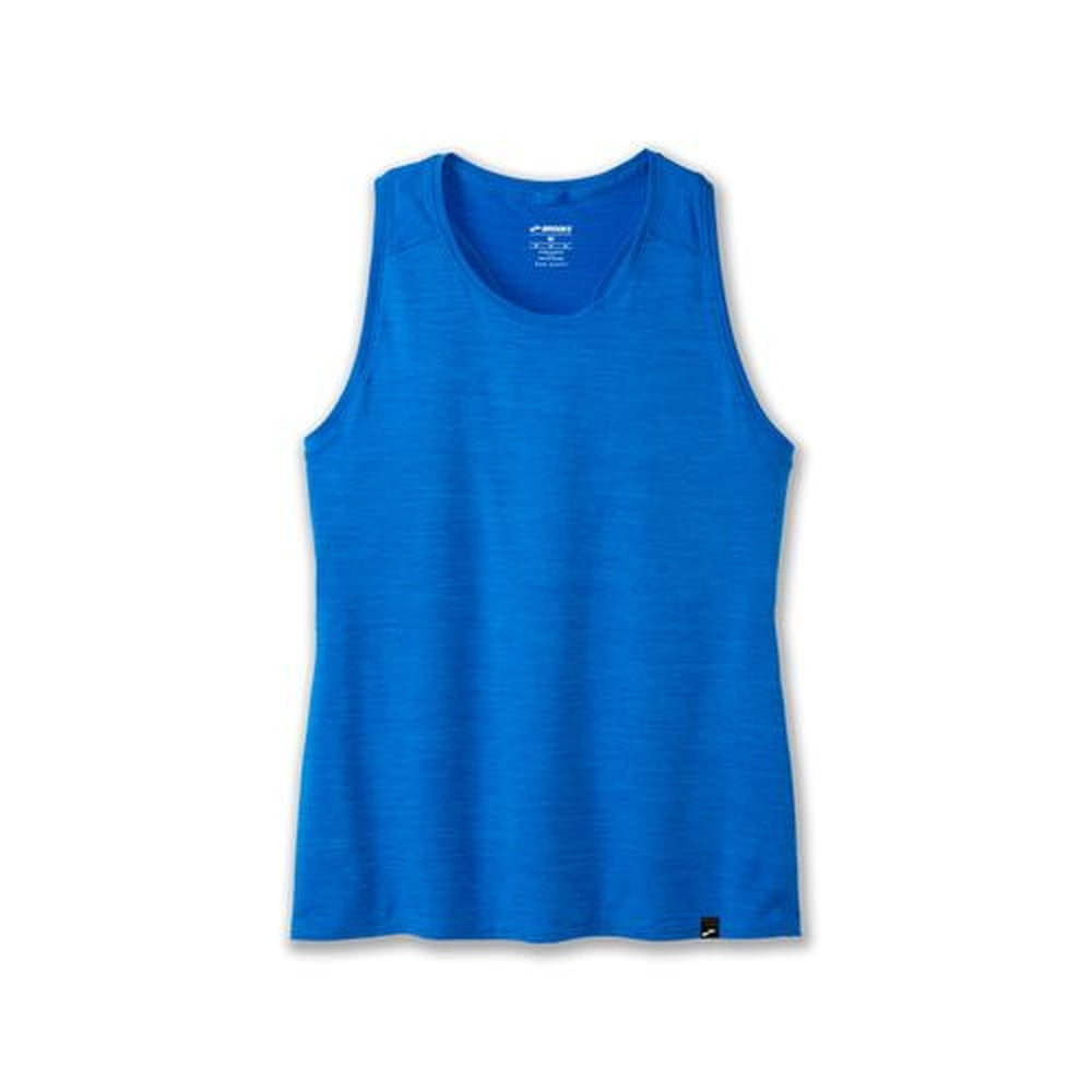 Brooks Luxe Tank in heathered azure blue, sleeveless athletic running top, flat lay view