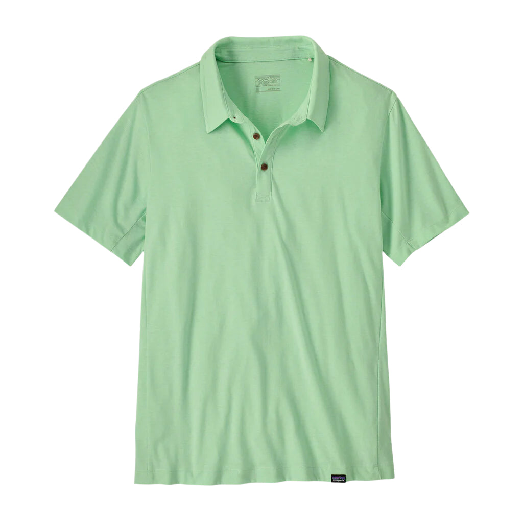 Patagonia men's light green essential polo shirt with collar and button placket