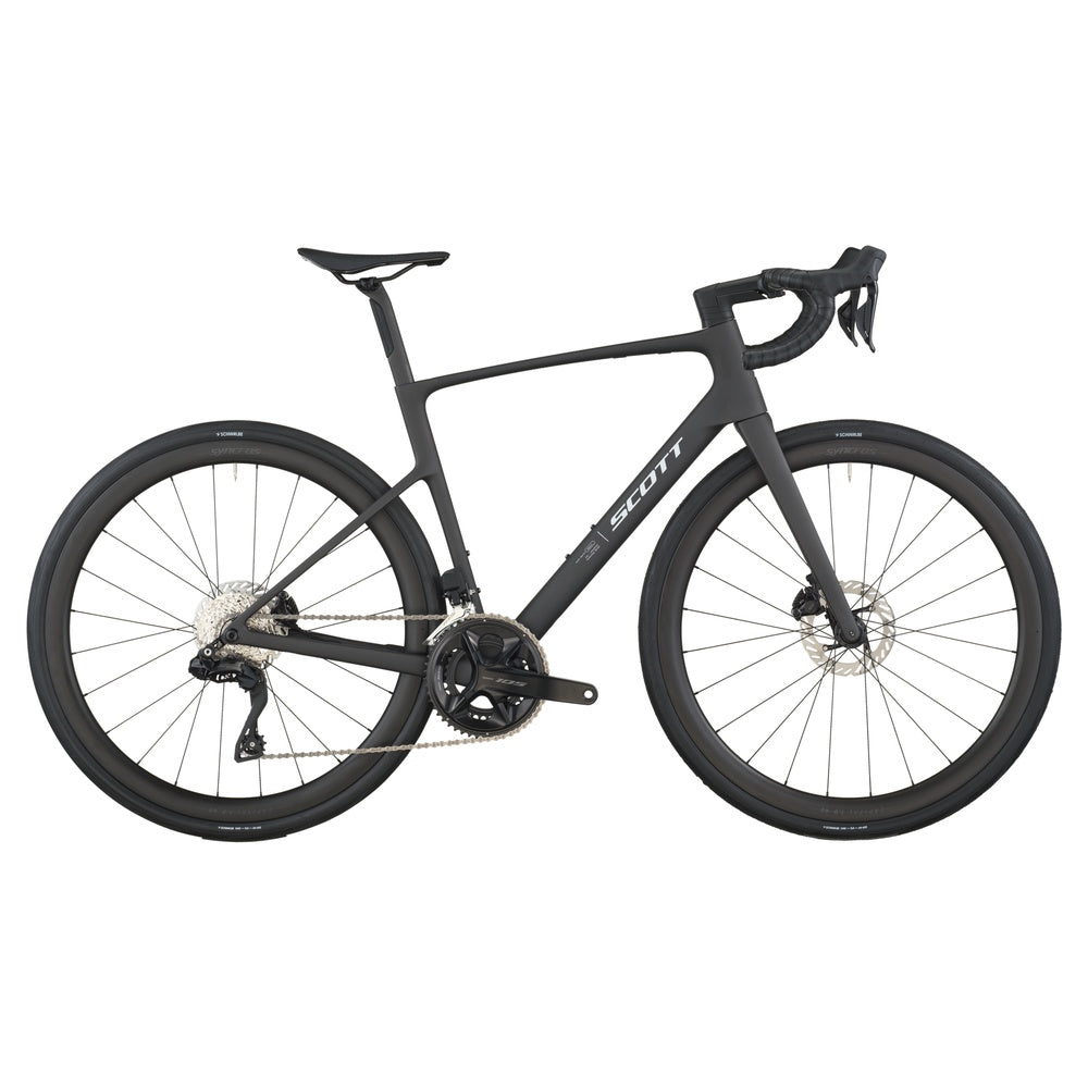 Scott Addict 30 road bike in dark grey with aerodynamic frame and drop handlebars