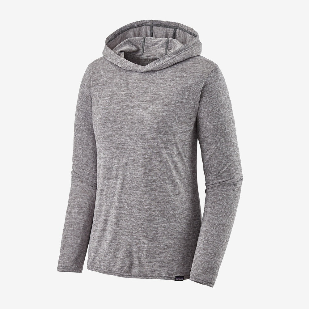 Patagonia women's grey heathered hoodie with long sleeves on white background