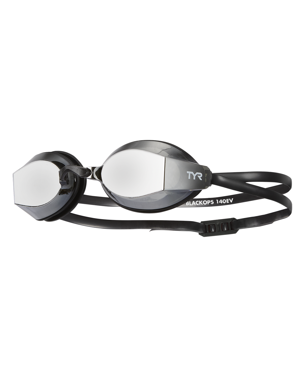 TYR Black Ops 140EV racing goggles with mirrored lenses and black strap