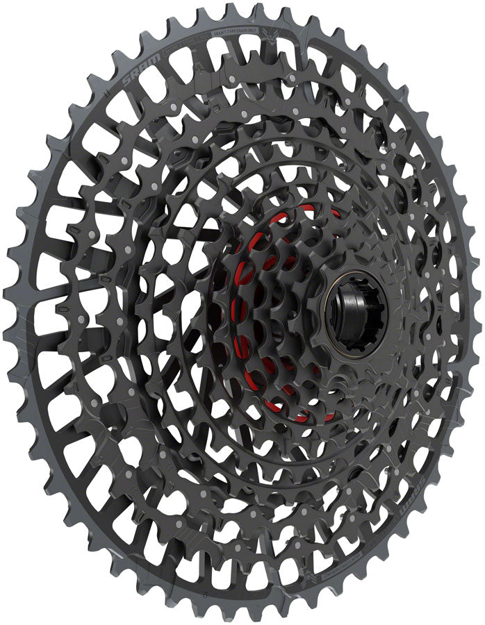 SRAM XS-1295 T-Type Eagle 12-speed 10-52t cassette shown at slight angle on white background