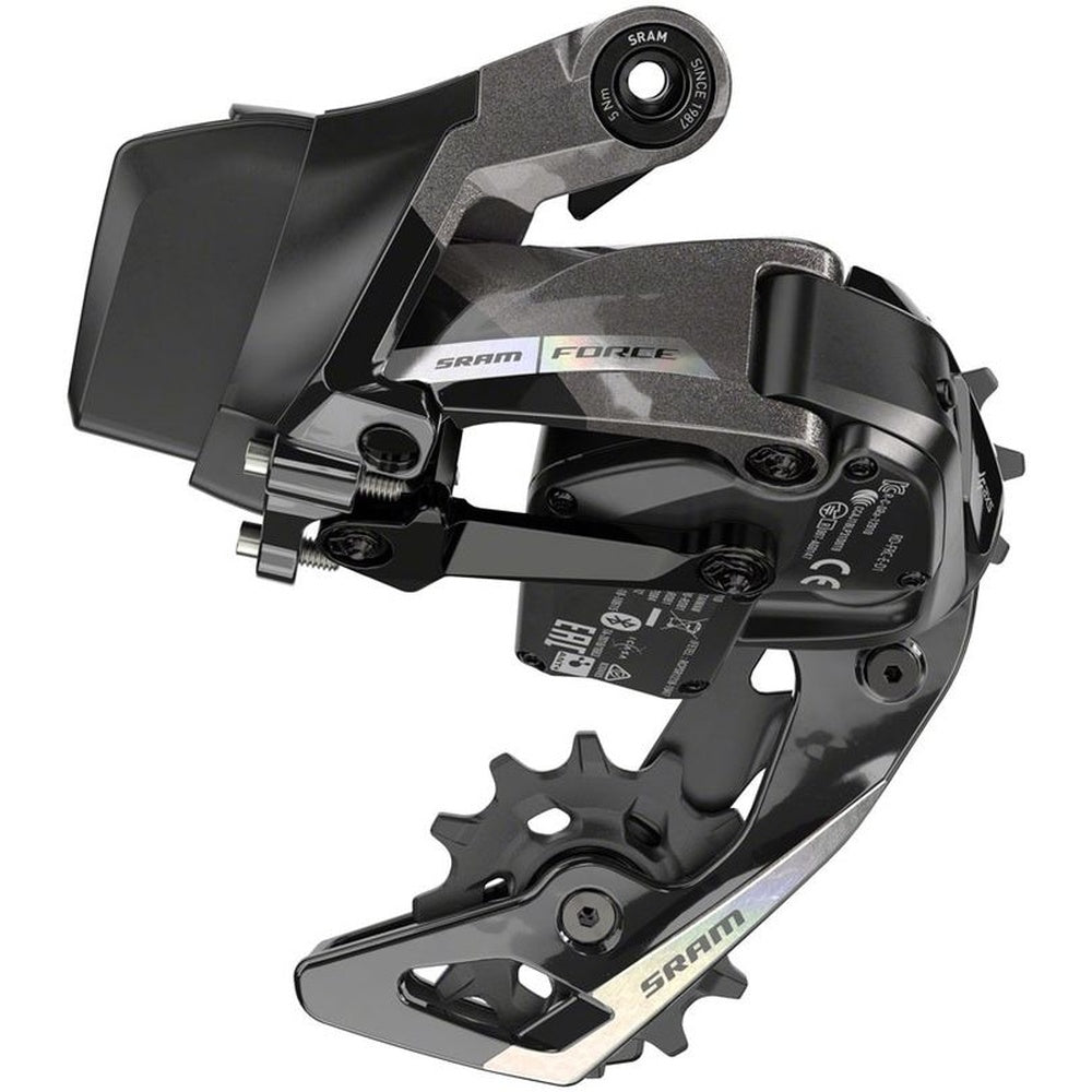 SRAM Force AXS D2 12-speed rear derailleur in unicorn grey with iridescent laser foil finish