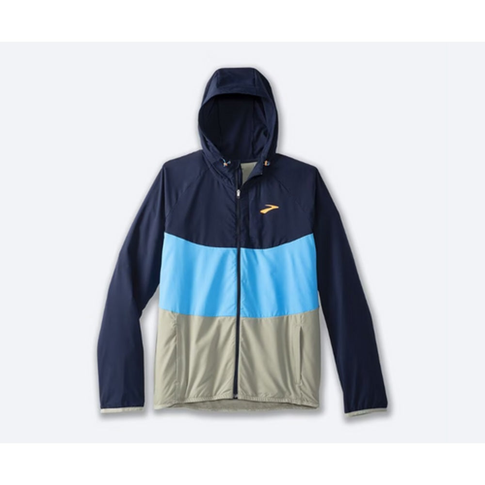 Brooks Canopy Packable Men's Jacket in navy, blue, and khaki colorblock with hood
