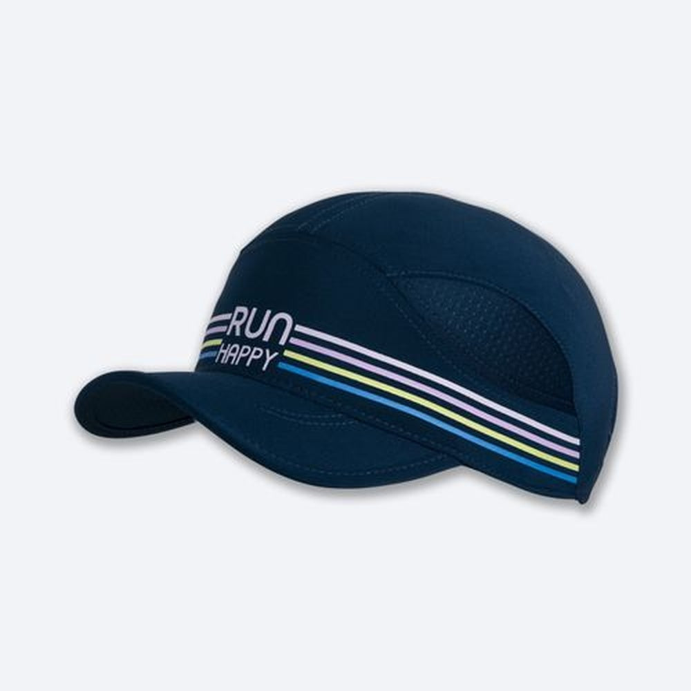 Brooks Run Happy running cap in navy blue with multicolor racing stripes