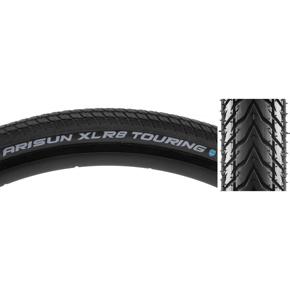 Arisun XLR8 Touring 700x38 black wire bead bicycle tire with tread detail