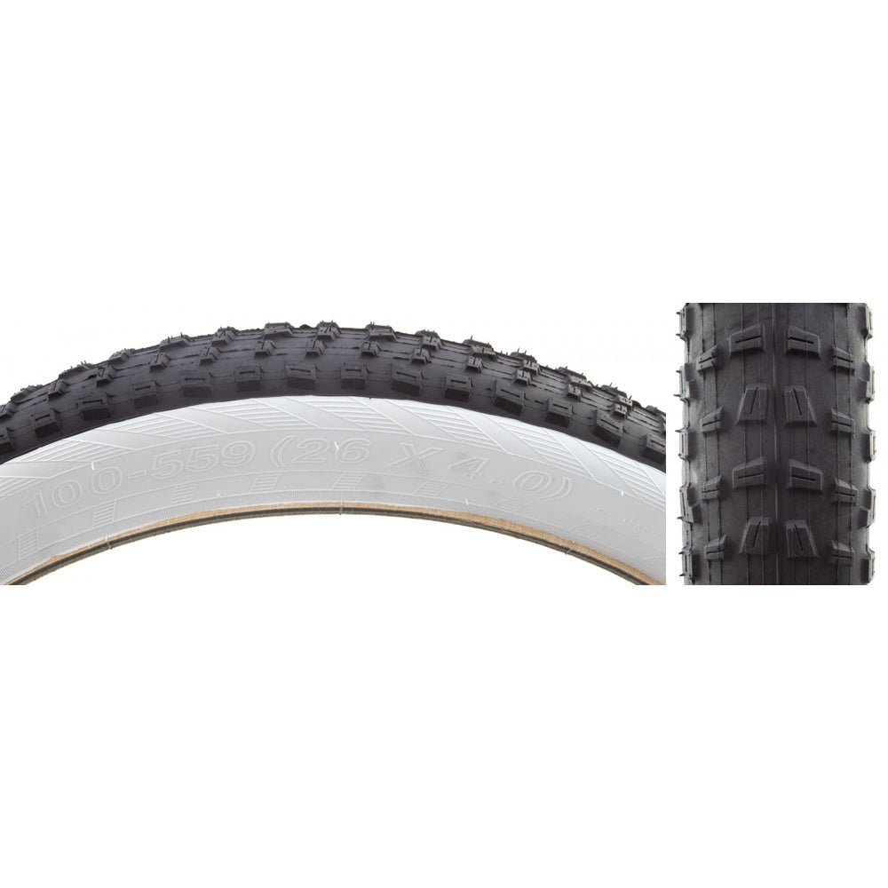 CST Premium 26x4.0 fat bike tire with black tread and white sidewall, wire bead