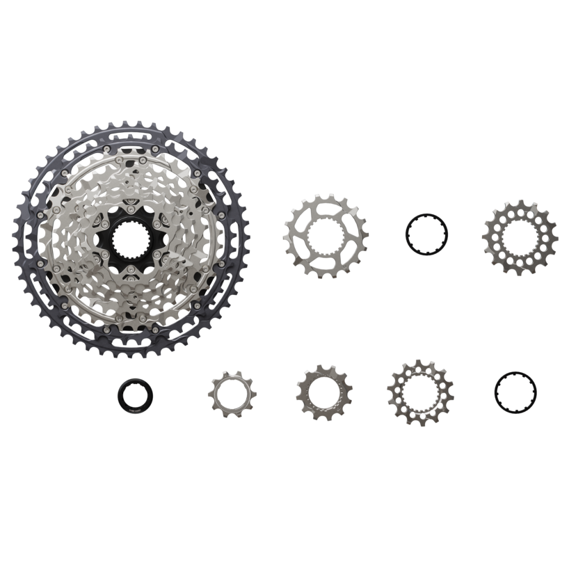 Shimano Deore XT CS-M8200-12 12-speed cassette sprocket set with individual sprockets displayed