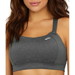 Woman wearing gray Brooks Juno sport bra with professional studio lighting