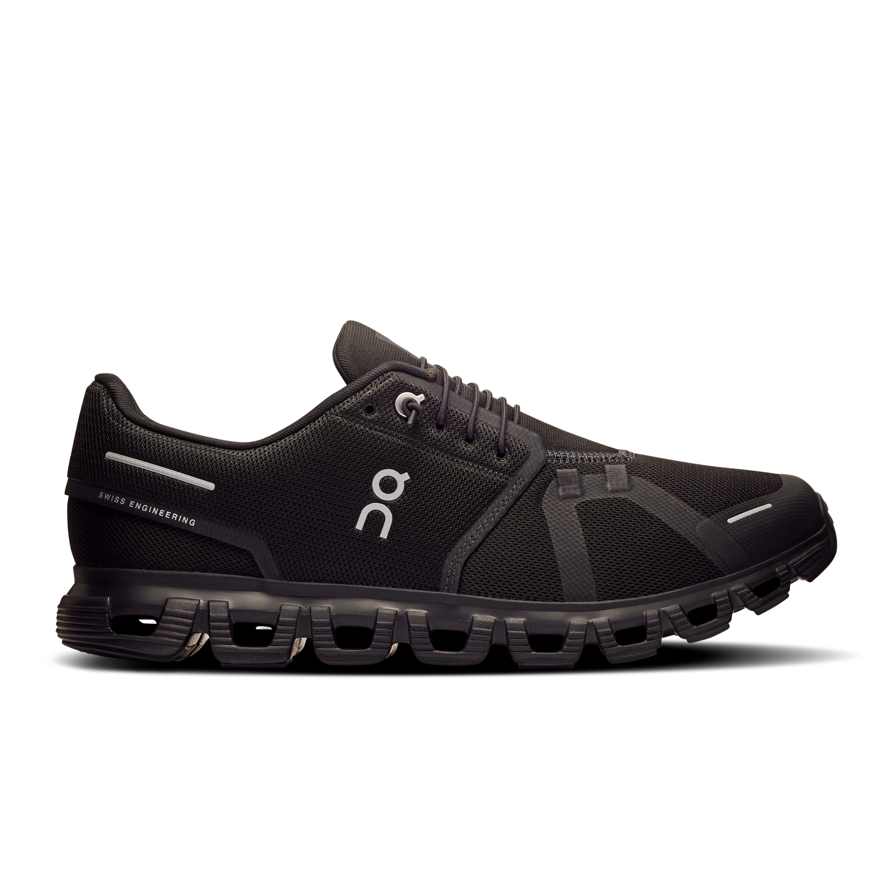 On Cloud 6 men's running shoe in all-black colorway, lateral side view