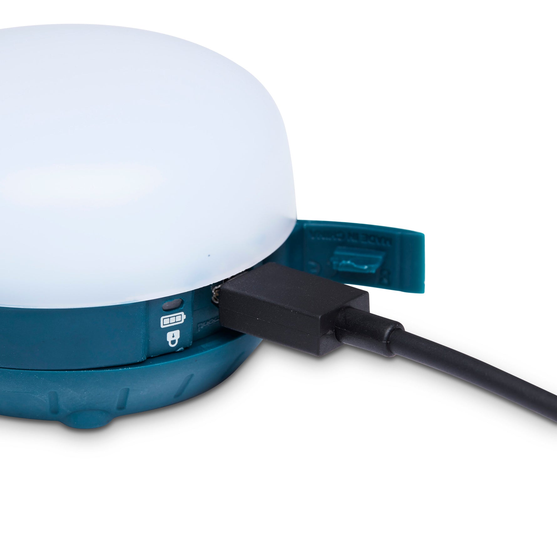 Black Diamond Moji lantern in teal with white globe and USB charging cable